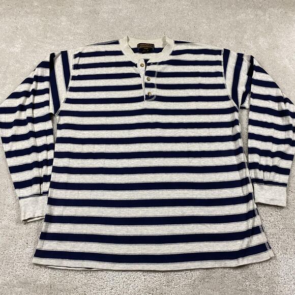VTG Eddie Bauer Henley Shirt Mens M Navy Striped Made USA 90s Heavyweight - Picture 1 of 7